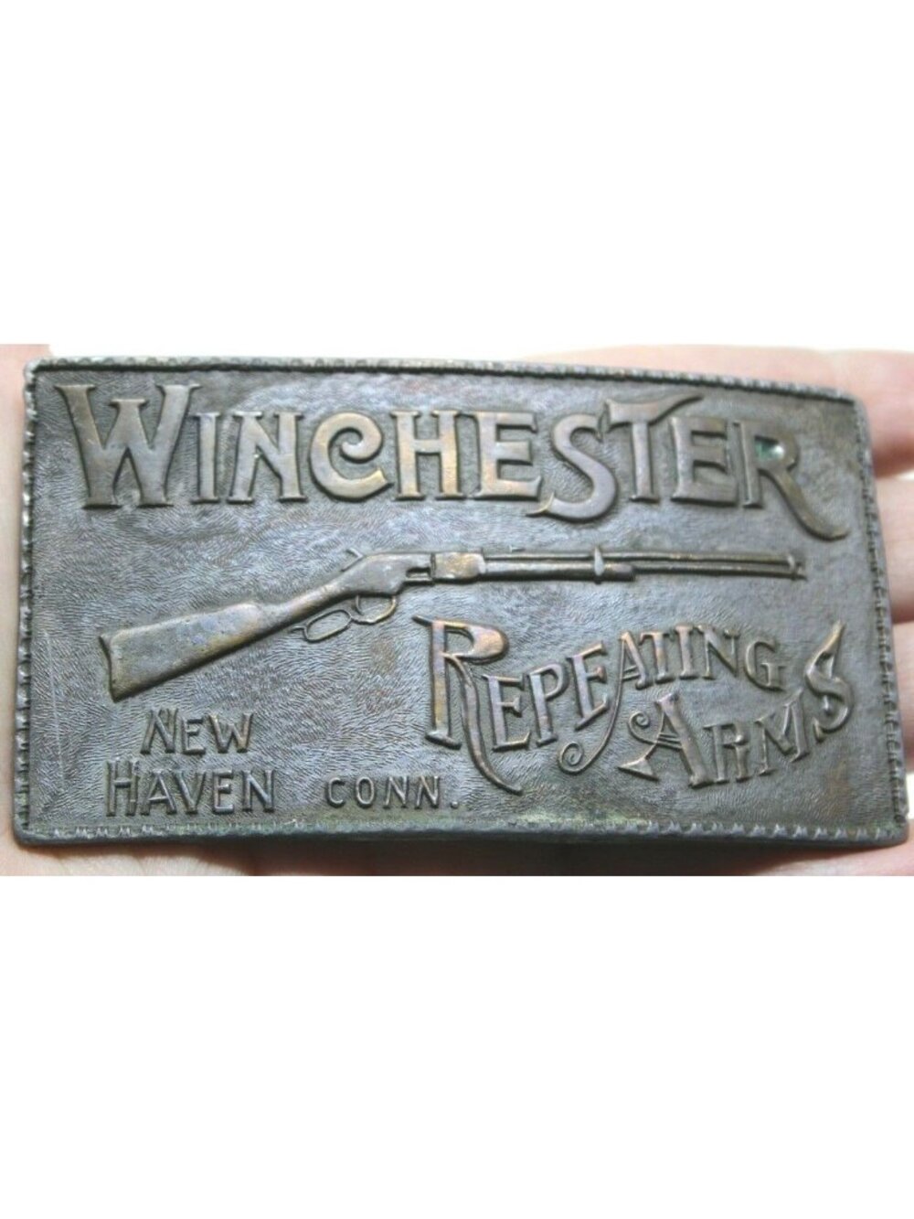 VTG Winchester Repeating Arms Belt Buckle Brass New Haven Conn Rifle #D-11